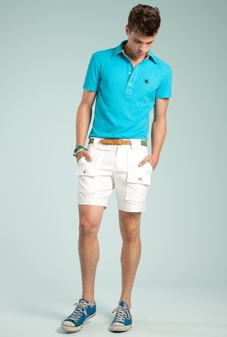 Green Horizontal Striped Canvas Belt Outfits For Men: 