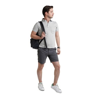 Men's Black Leather Backpack, White Leather Low Top Sneakers, Charcoal Shorts, Grey Polo