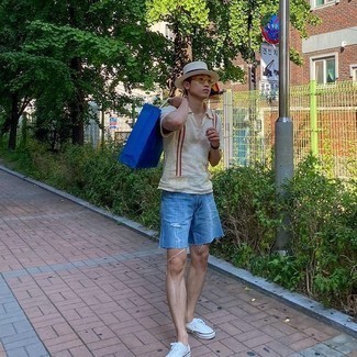 Men's White Bucket Hat, White Canvas Low Top Sneakers, Light Blue Ripped Denim Shorts, White Vertical Striped Polo