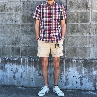 Men's Silver Watch, White Canvas Low Top Sneakers, Beige Shorts, Multi colored Plaid Short Sleeve Shirt
