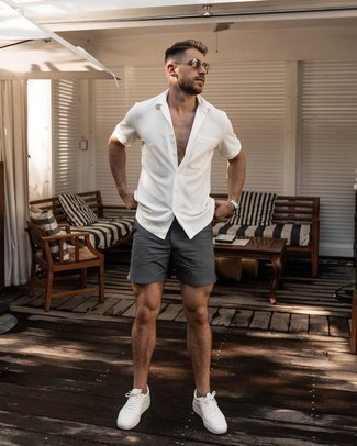 Men's Brown Sunglasses, White Leather Low Top Sneakers, Charcoal Print Shorts, White Short Sleeve Shirt