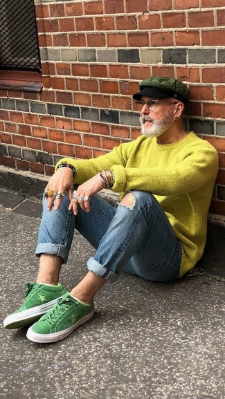 Men's Olive Flat Cap, Green Suede Low Top Sneakers, Blue Ripped Skinny Jeans, Green-Yellow Crew-neck Sweater