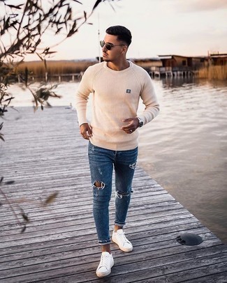 Men's Black Sunglasses, White Canvas Low Top Sneakers, Blue Ripped Skinny Jeans, Beige Crew-neck Sweater