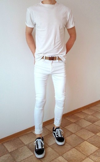 Men's Tan Canvas Belt, Black and White Canvas Low Top Sneakers, White Skinny Jeans, White Crew-neck T-shirt