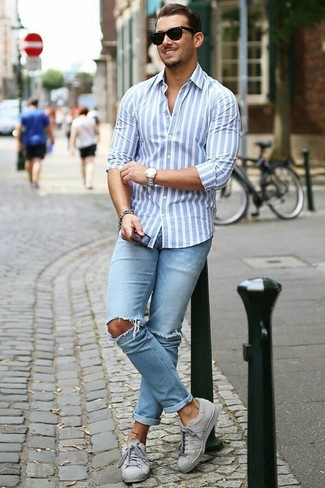 Light Blue Vertical Striped Dress Shirt Relaxed Outfits For Men: 