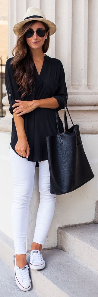 Women's Black Leather Tote Bag, White Canvas Low Top Sneakers, White Skinny Jeans, Black Long Sleeve Blouse
