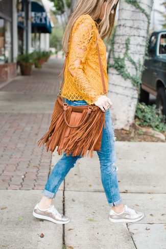 Women's Tobacco Fringe Leather Crossbody Bag, Silver Leather Low Top Sneakers, Blue Ripped Skinny Jeans, Yellow Lace Long Sleeve Blouse