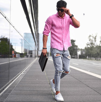 Men's Black Leather Zip Pouch, White Low Top Sneakers, Light Blue Ripped Skinny Jeans, Hot Pink Linen Long Sleeve Shirt