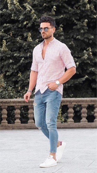Men's Light Blue Sunglasses, White Leather Low Top Sneakers, Light Blue Ripped Skinny Jeans, White and Pink Vertical Striped Long Sleeve Shirt