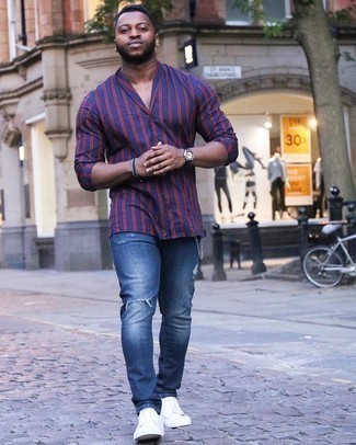 Navy Ripped Skinny Jeans Outfits For Men: 