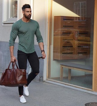 Men's Dark Brown Leather Holdall, White Leather Low Top Sneakers, Black Ripped Skinny Jeans, Olive Long Sleeve T-Shirt
