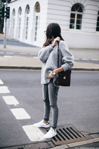 Women's Black Leather Crossbody Bag, White and Black Leather Low Top Sneakers, Grey Ripped Skinny Jeans, Grey Oversized Sweater