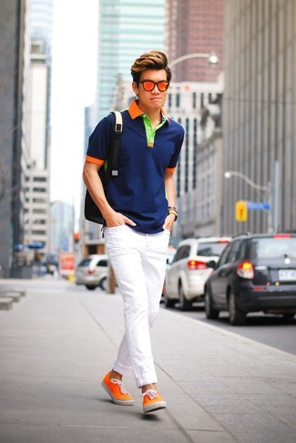 Orange Canvas Low Top Sneakers Outfits For Men: 