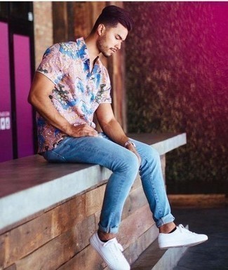 Men's Silver Watch, White Canvas Low Top Sneakers, Light Blue Skinny Jeans, Multi colored Print Short Sleeve Shirt