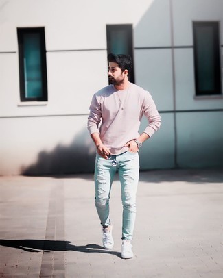 Pink Sweatshirt with Skinny Jeans Outfits For Men: 