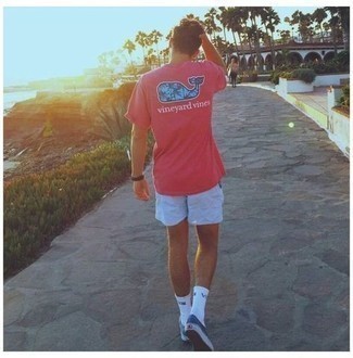 Hot Pink Print Crew-neck T-shirt Outfits For Men: 