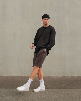 Men's Black Beanie, White Leather Low Top Sneakers, Brown Sports Shorts, Dark Brown Long Sleeve T-Shirt
