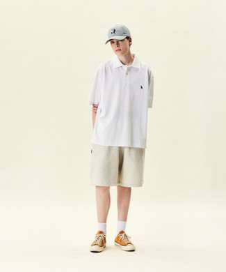 Men's Grey Baseball Cap, Orange Canvas Low Top Sneakers, Beige Sports Shorts, White Polo