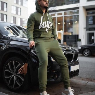 Dark Green Print Hoodie Outfits For Men: 