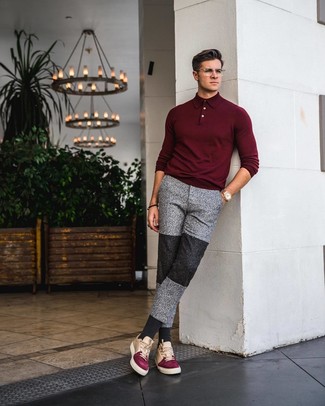 Burgundy Polo Neck Sweater with Sweatpants Outfits For Men: 