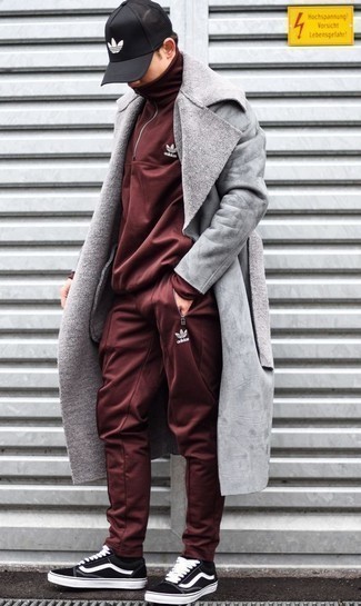 Men's Black and White Print Baseball Cap, Black and White Canvas Low Top Sneakers, Burgundy Track Suit, Grey Shearling Coat