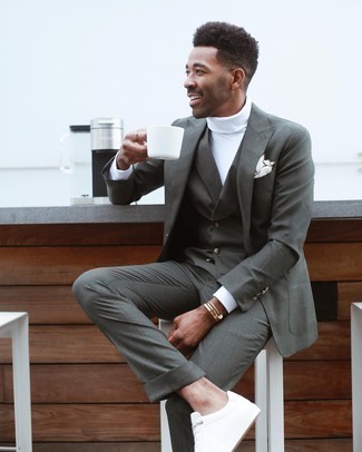 Men's White Pocket Square, White Canvas Low Top Sneakers, White Turtleneck, Charcoal Three Piece Suit