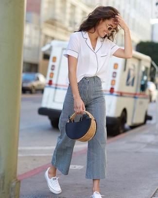 Women's Navy Straw Tote Bag, White Canvas Low Top Sneakers, Navy and White Vertical Striped Wide Leg Pants, White Short Sleeve Button Down Shirt