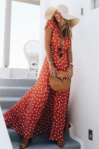 White Hat Outfits For Women: A red polka dot maxi dress and a white hat make for the perfect foundation for a totaly stylish casual ensemble.