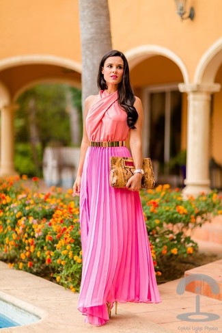 Women's Hot Pink Pleated Maxi Dress, Gold Leather Heeled Sandals, Tan Snake Leather Clutch, Gold Belt