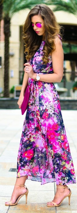 Pink Leather Clutch Outfits: A hot pink floral maxi dress and a pink leather clutch are an easy way to introduce effortless cool into your current off-duty lineup. A pair of tan leather heeled sandals introduces a classic aesthetic to the look.