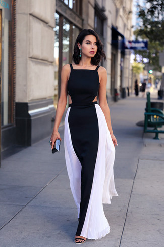Women's Black and White Maxi Dress, Black Suede Heeled Sandals, Black Clutch, Green Earrings
