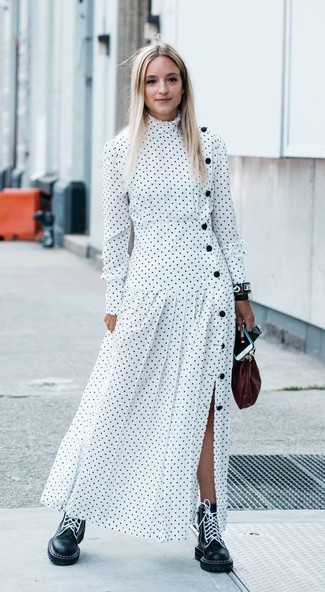 Women's White Polka Dot Maxi Dress, Black Leather Lace-up Flat Boots, Burgundy Leather Clutch, Black Leather Watch