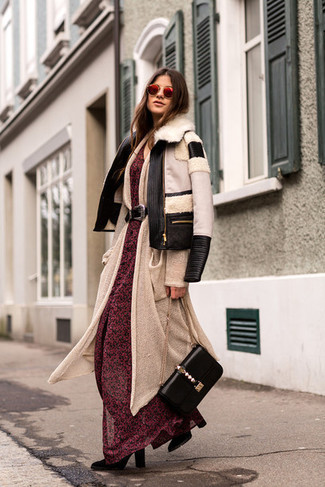 Women's Black Suede Mid-Calf Boots, Red Floral Chiffon Maxi Dress, Beige Long Cardigan, Black and White Shearling Jacket