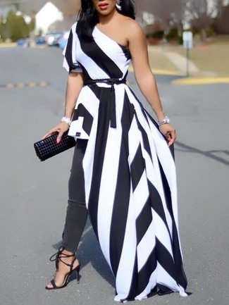 Women's White and Black Vertical Striped Maxi Dress, Charcoal Skinny Jeans, Black Suede Heeled Sandals, Black Studded Leather Clutch