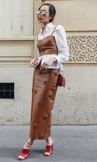 Women's Red Leather Heeled Sandals, Brown Leather Maxi Skirt, Brown Leather Bustier Top, White Dress Shirt