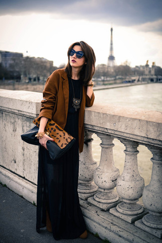 Women's Brown Suede Ankle Boots, Black Pleated Maxi Skirt, Black Crew-neck T-shirt, Tobacco Blazer