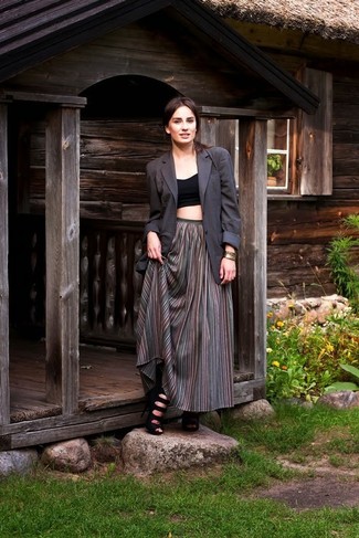 Women's Black Leather Heeled Sandals, Charcoal Pleated Maxi Skirt, Black Cropped Top, Charcoal Blazer