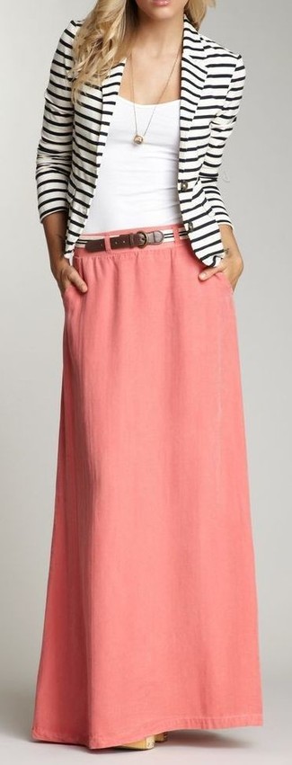 Women's White and Black Horizontal Striped Belt, Pink Maxi Skirt, White Tank, White and Black Horizontal Striped Blazer