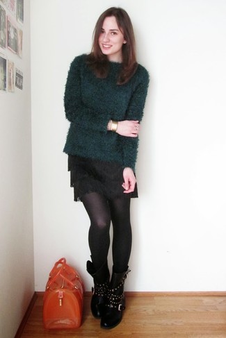 Dark Green Mohair Crew-neck Sweater Outfits For Women: 
