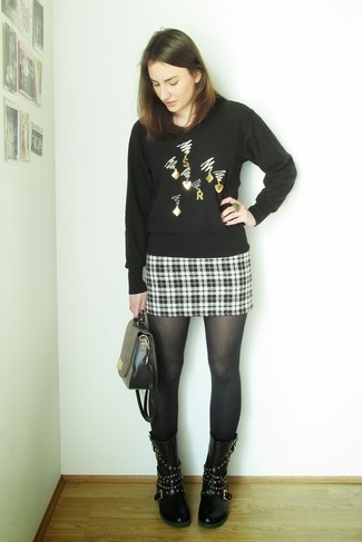 Black Wool Tights with Black and White Plaid Mini Skirt Outfits: 