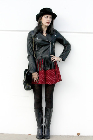 Black Fringe Leather Biker Jacket Outfits For Women: 