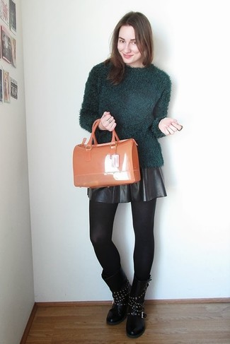 Dark Green Fluffy Crew-neck Sweater Outfits For Women: 