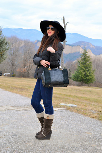 Dark Brown Suede Mid-Calf Boots Outfits: 