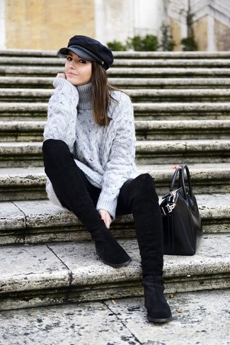 Grey Knit Wool Turtleneck Outfits For Women: 