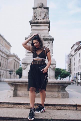 Black Lace Cropped Top Outfits: Show your styling expertise by pairing a black lace cropped top and black bike shorts for an off-duty combo. If you wish to immediately tone down your ensemble with one item, introduce black athletic shoes to this look.