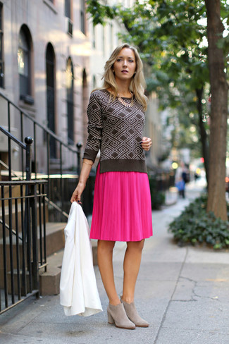 Women's Grey Suede Ankle Boots, Hot Pink Pleated Midi Skirt, Dark Brown Geometric Crew-neck Sweater, White Blazer