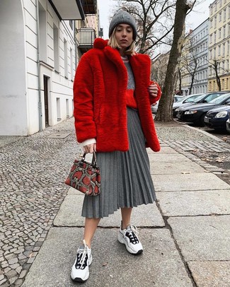 Red Fur Coat with Crew-neck Sweater Outfits: 