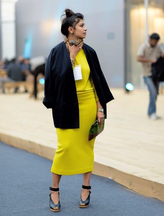 Women's Black Leather Wedge Sandals, Yellow Knit Midi Skirt, Yellow Crew-neck Sweater, Black Kimono