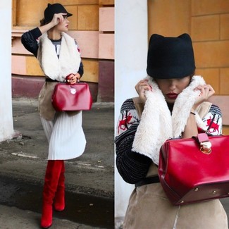 Burgundy Suede Knee High Boots Outfits: 