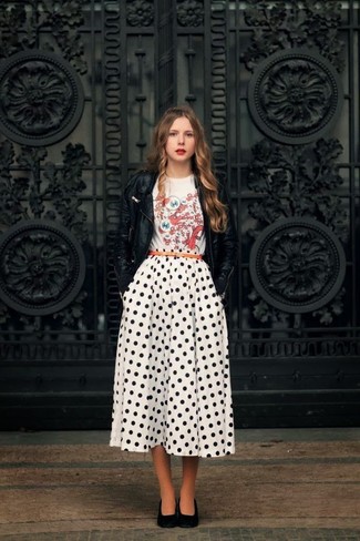 White and Black Polka Dot Midi Skirt Outfits: 